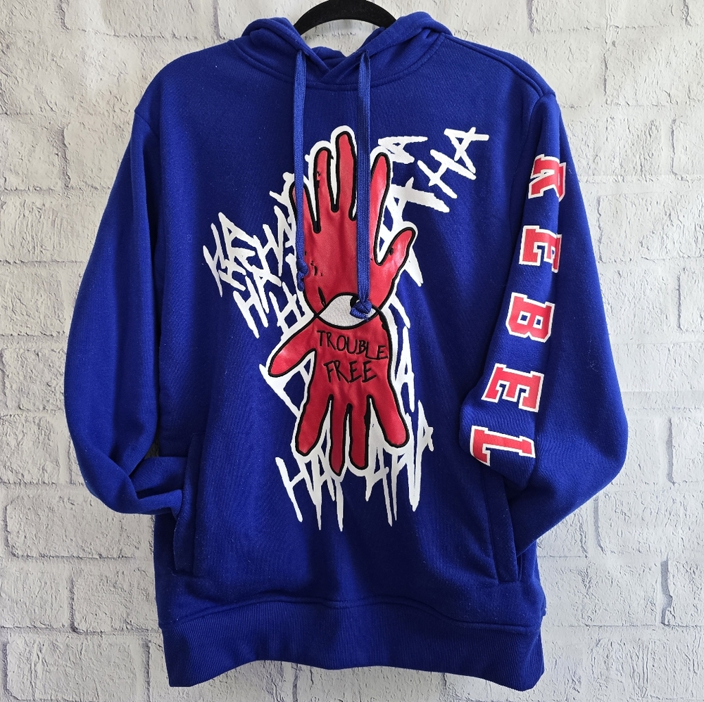 Rebel Minds Blue Trouble Free Laugh Streetwear Graphic‎ Hoodie Men's Large